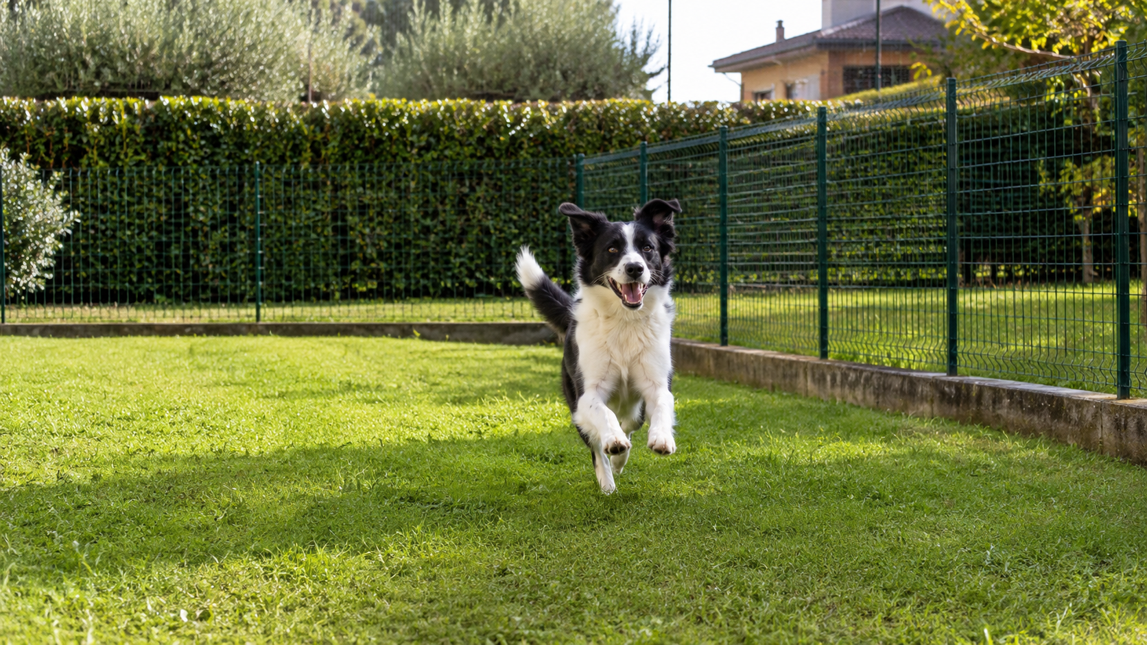 Cane che corre libero in un giardino recintato con rete metallica verde